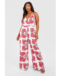 Boohoo - Plus Woven Abstract Print Strappy Wide Leg Jumpsuit - Lyst