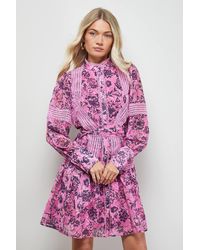 Oasis - Printed Lace Detail Button Down Collarless Mini Dress - Lyst