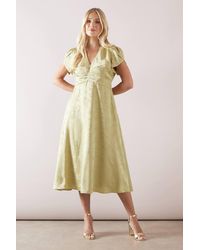 Wallis - Petite Satin Jacquard Pleat Detail Midi Dress - Lyst