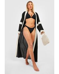 Boohoo Kimono Maxi Para La Playa De Estopilla Con Ribete En El Filo - Negro