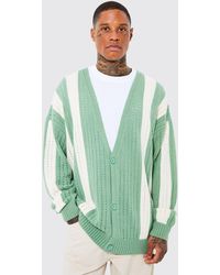 BoohooMAN Oversized Open Stitch Stripe Cardigan - Green