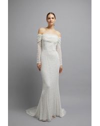 Coast - Sequin Draped Bardot Long Sleeve Bridal Maxi Dress - Lyst