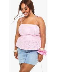 Boohoo - Plus Pleated Broderie Peplum Cami Top - Lyst