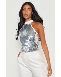 Boohoo Tall Sequin High Neck Top - White