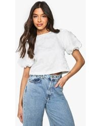 Boohoo - Floral Jacquard Tie Back Puff Sleeve Smock Top - Lyst