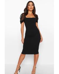 Boohoo Womens Midikleid mit Karree-Ausschnitt und Netzärmeln - Schwarz