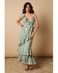 Oasis - Petite Ruffle Detail Asymmetric Tiered Midi Dress - Lyst