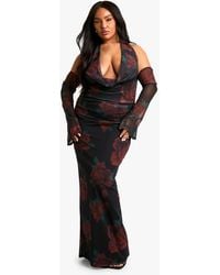 Boohoo - Plus Mesh Printed Cowl Neck Ruched Maxi Dress - Lyst
