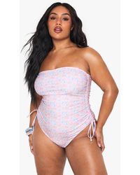 Boohoo - Plus Shell Print Pearl Trim Bandeau Bathing Suit - Lyst
