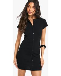 Boohoo - Rib Button Down Cap Sleeve Mini Dress - Lyst