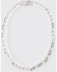 BoohooMAN - 2 Pack Multi Layer Pearl And Chain Necklace In Silver - Lyst
