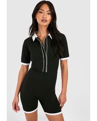Boohoo - Contrast Button Down Cotton Playsuit - Lyst