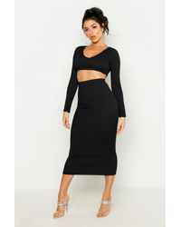 Boohoo Long Sleeve Crop And Midaxi Skirt Rib Co-ord Set - Black