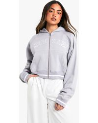 Boohoo - New York Slogan 06 Zip Through Boxy Crop Hoodie - Lyst