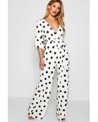 Boohoo Ruffle Sleeve Polka Dot Jumpsuit - White