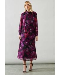 Wallis - Petite Floral Print Tie Neck Georgette Midi Dress - Lyst