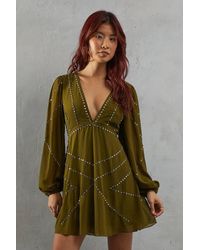 Warehouse - Premium Chiffon Embellished Sequin Plunge Neck Mini Dress - Lyst