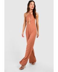 Boohoo - Tall Linen Look Trim Halterneck Wide Leg Jumpsuit - Lyst