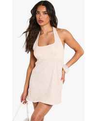 Boohoo - Petite Textured Gingham Halterneck Swing Mini Dress - Lyst