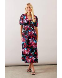 Wallis - Petite Floral Print Button Through Midi Dress - Lyst