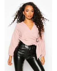 Boohoo Womens Petite Wrap Front Buckle Detail Blouse - Schwarz