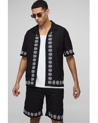 BoohooMAN - Oversize Hemd & Shorts aus Leinenmischung mit Stickerei - Lyst