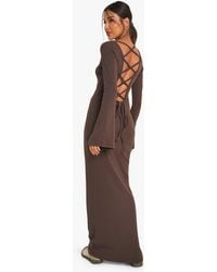 Boohoo - Wide Rib Tie Back Flare Sleeve Maxi Dress - Lyst