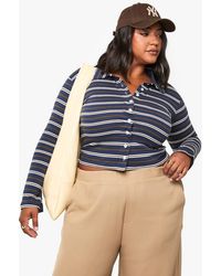 Boohoo - Plus Collared Button Down Stripe Long Sleeve Top - Lyst