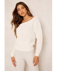 Boohoo White Slash Neck Crop Sweater - Natural