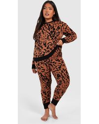 Boohoo - Plus Knitted Leopard Loungewear Set - Lyst