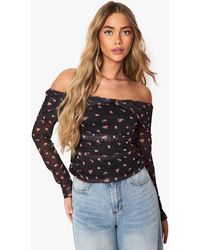Boohoo - Printed Mesh Bardot Ruched Top - Lyst