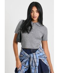 Boohoo - Compact Knit Zip Neck Short Sleeve Top - Lyst