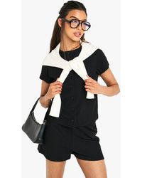 Boohoo - Rib Short Sleeve Button Through Top And Short Set - Lyst