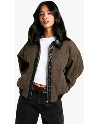 Boohoo - Petite Pu Trim Wool Look Bomber Jacket - Lyst