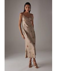 Warehouse - Rose Satin Tie Strap Lace Detail Midi Slip Dress - Lyst