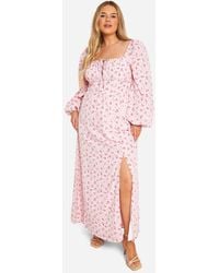 Boohoo - Plus Ditsy Balloon Sleeve Milkmaid Maxi Dress - Lyst