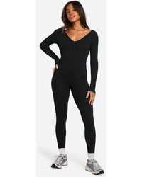 Boohoo - Basic Rib Plunge Unitard Jumpsuit - Lyst