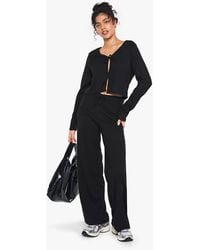 Boohoo - Rib Tie Front Long Sleeve Top And Drawstring Straght Leg Trouser Set - Lyst