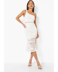 Boohoo Lace One Shoulder Frill Hem Midi Dress - White