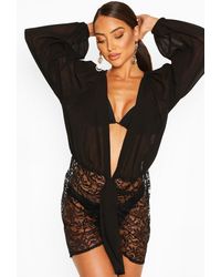 Boohoo Robe De Plage À Décolleté Plongeant Et Manches Ballon En Dentelle - Noir