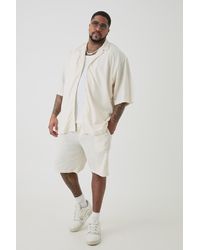 Boohoo - Plus Oversized Linen Drop Revere Shirt & Short Set In Natural - Lyst