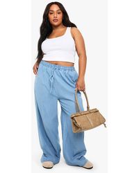 Boohoo - Plus Chambray Drawstring Wide Leg Trouser - Lyst