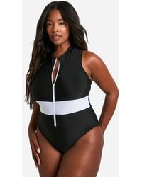 Boohoo - Plus Contrast Zip Racer Bathing Suit - Lyst