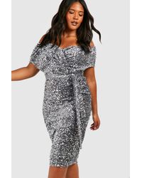 Boohoo - Vestido Plus Midi Cruzado De Lentejuelas Con Escote Barco - Lyst