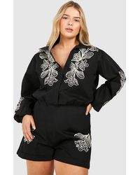 Boohoo - Plus Woven Embroidery Detail Long Sleeve Romper - Lyst