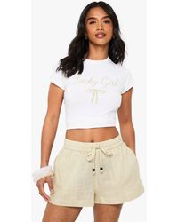 Boohoo - Petite Linen Beaded Beach Short - Lyst