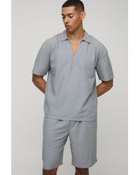 Boohoo - Conjunto De Pantalón Corto Y Camisa Oversize De Mezcla De Lino Con Escote De Pico - Lyst