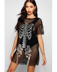 Boohoo Womens Halloween Foil Print Fishnet Skeleton T-shirt Dress - Black