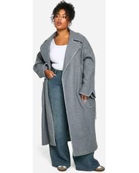 Boohoo - Plus Contrast Stitch Belted Wool Look Coat - Lyst