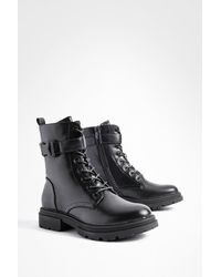Boohoo - Chunky Buckle Detail Lace Up Hiker Boots - Lyst